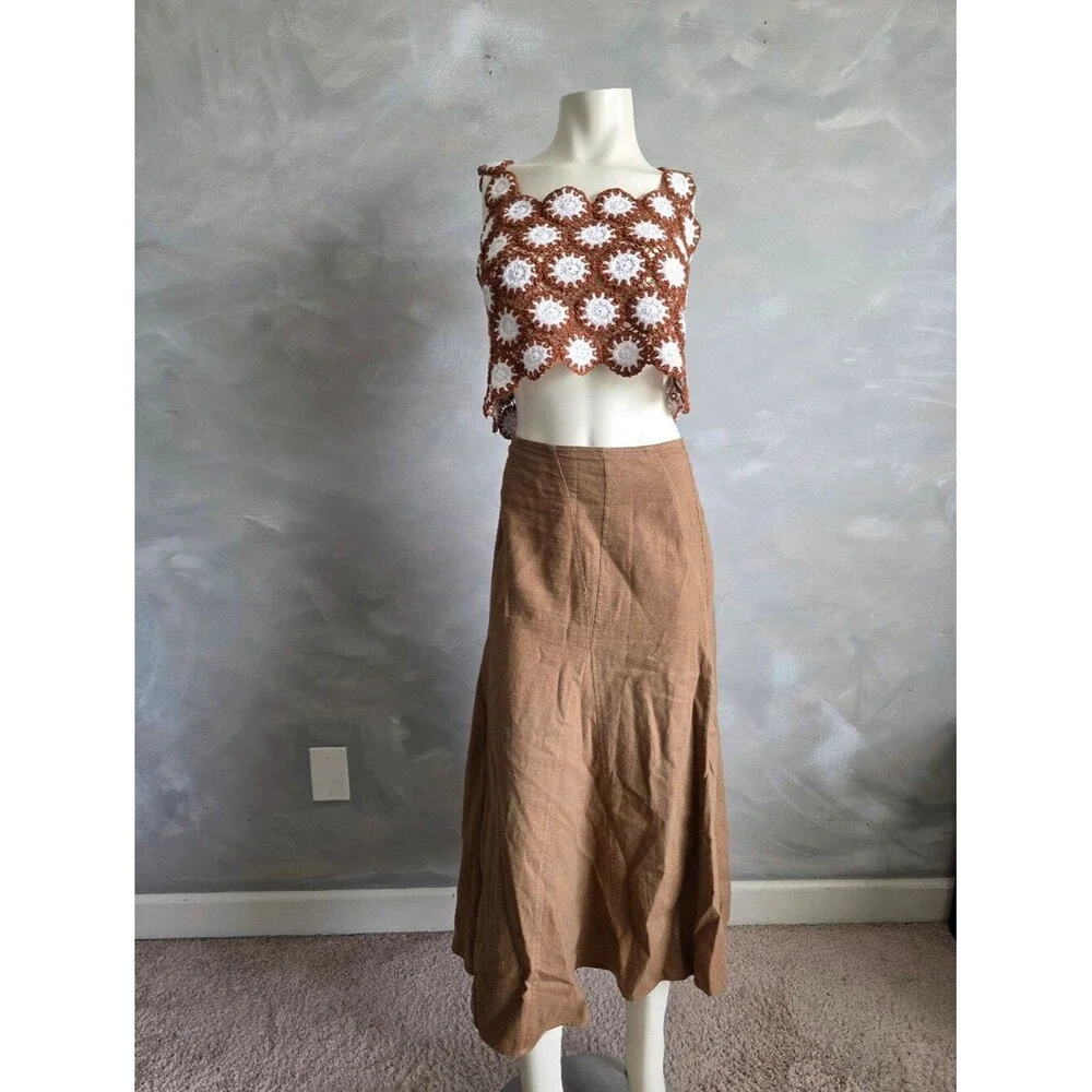 Midi Modest Brown Paneled Linen Blend Skirt Size 16 A Line - Picture 2 of 11